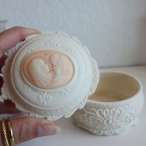 Vintage Porcelain Cameo Trinket Box Mother & Child Virgin Mary Religious Vanity